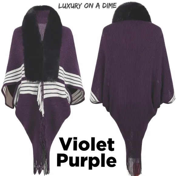 Faux Fur Fringe Hem Oversized Stripe Knit Cardigan Poncho Lightweight Jacket