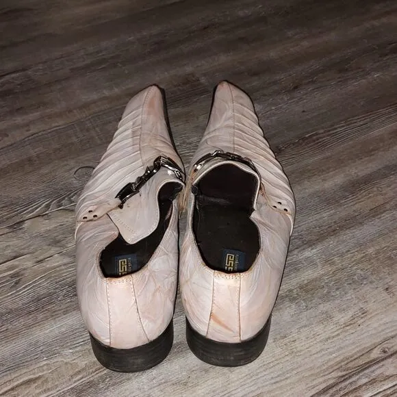Fiesso Marble Beige Diagonal Toe One-Side Pleated Leather Shoes  Metal Bracelet