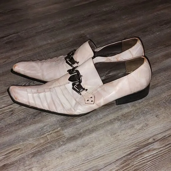 Fiesso Marble Beige Diagonal Toe One-Side Pleated Leather Shoes  Metal Bracelet