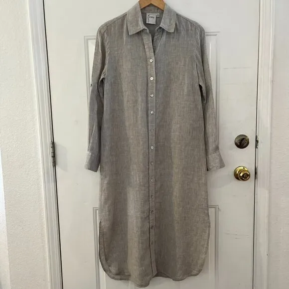 Finely Woman's 100% Grey Linen Roll Tab Summer/Beach/Resort Maxi Dress Sz XS