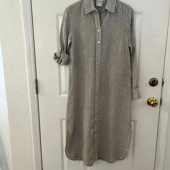 Finely Woman's 100% Grey Linen Roll Tab Summer/Beach/Resort Maxi Dress Sz XS