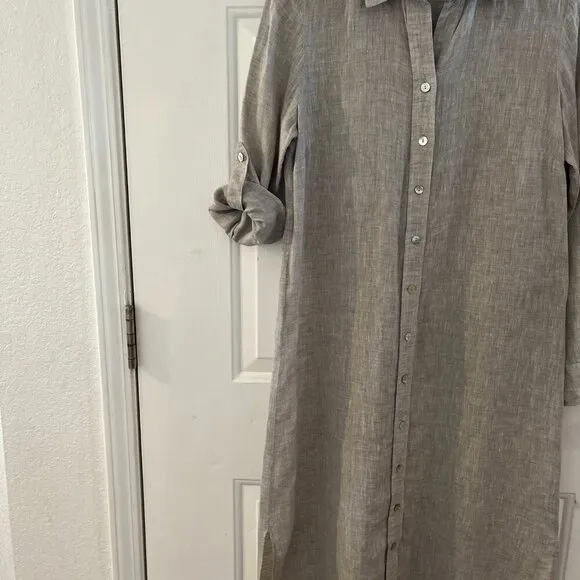 Finely Woman's 100% Grey Linen Roll Tab Summer/Beach/Resort Maxi Dress Sz XS
