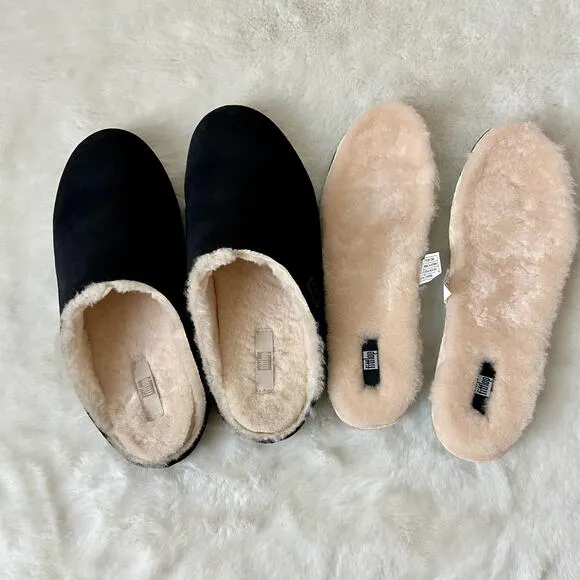 Fitflop Chrissie Shearling Black Suede Slippers Size 8