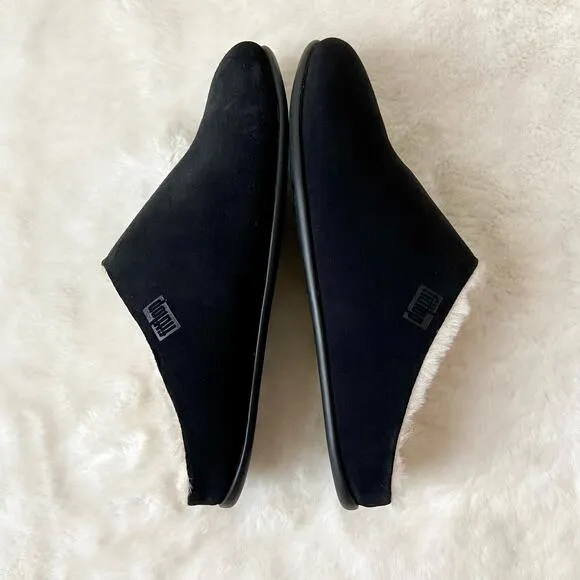 Fitflop Chrissie Shearling Black Suede Slippers Size 8