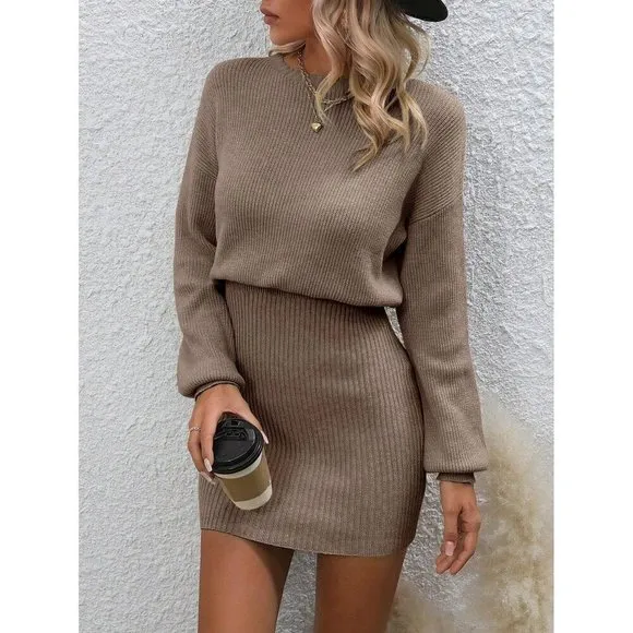 fitted crewneck soft knit sweater dress brown tan preppy minimalist
