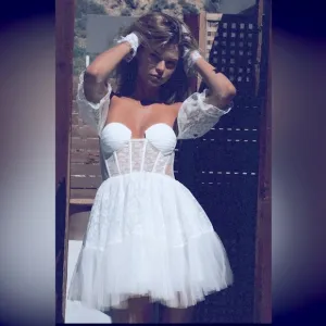 FLASH SALE❣️White boho mini lace wedding off shoulder dress