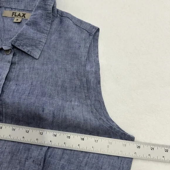 FLAX Linen Button Front Dress Womens S Blue Sustainable Beach Minimalist