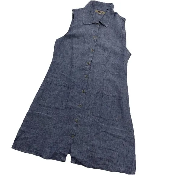 FLAX Linen Button Front Dress Womens S Blue Sustainable Beach Minimalist