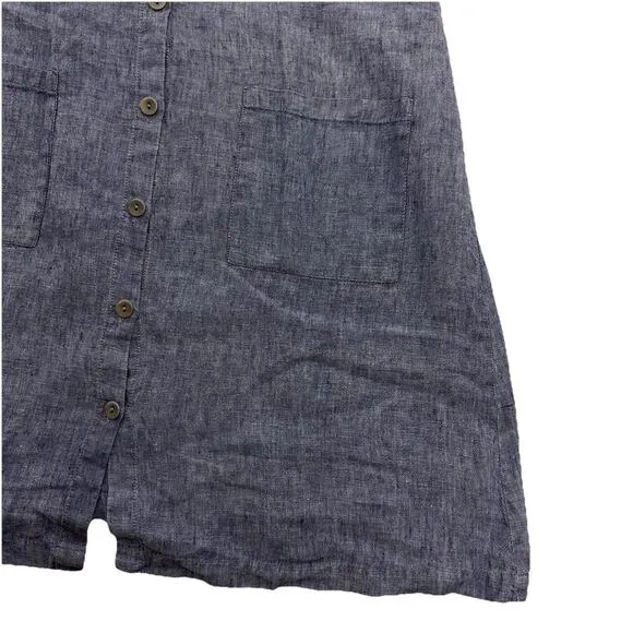 FLAX Linen Button Front Dress Womens S Blue Sustainable Beach Minimalist