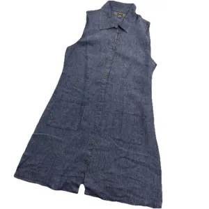 FLAX Linen Button Front Dress Womens S Blue Sustainable Beach Minimalist