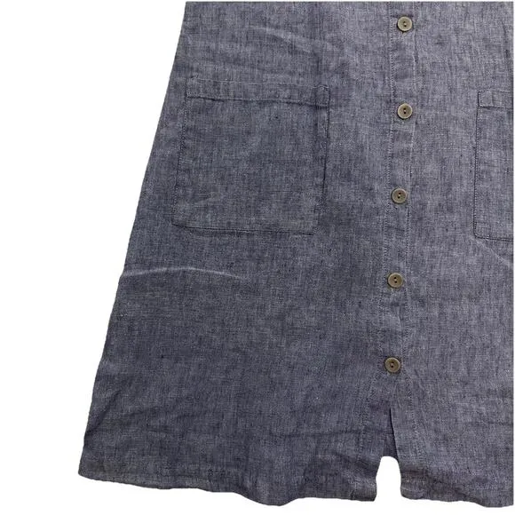 FLAX Linen Button Front Dress Womens S Blue Sustainable Beach Minimalist