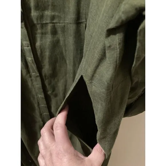 Flax Linen Maxi Dress‎ Olive Green Size Large Lagenlook Minimalist Snap Front