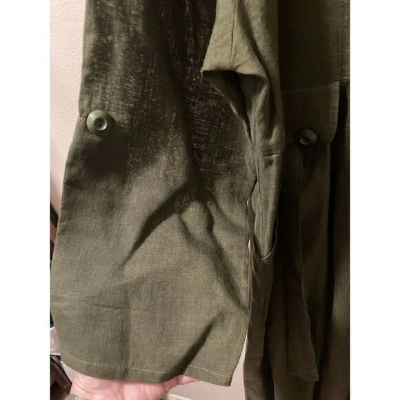 Flax Linen Maxi Dress‎ Olive Green Size Large Lagenlook Minimalist Snap Front