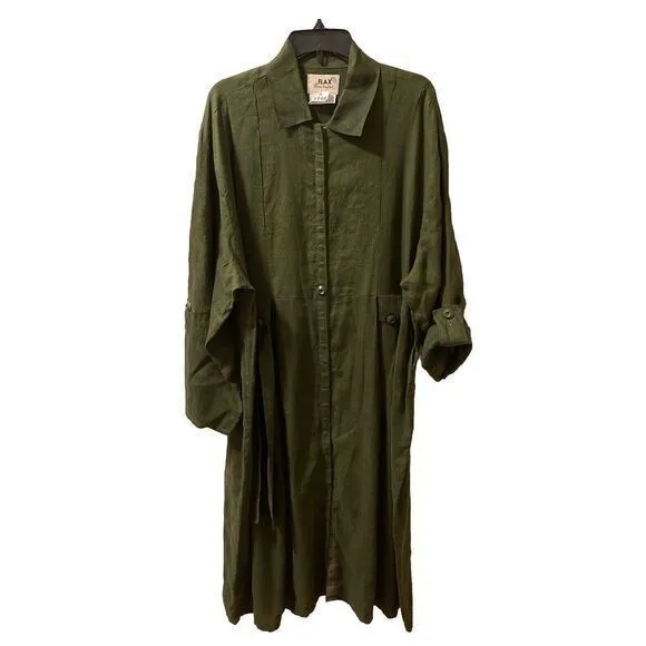 Flax Linen Maxi Dress‎ Olive Green Size Large Lagenlook Minimalist Snap Front