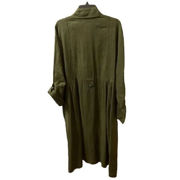 Flax Linen Maxi Dress‎ Olive Green Size Large Lagenlook Minimalist Snap Front