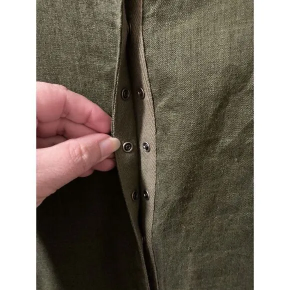 Flax Linen Maxi Dress‎ Olive Green Size Large Lagenlook Minimalist Snap Front