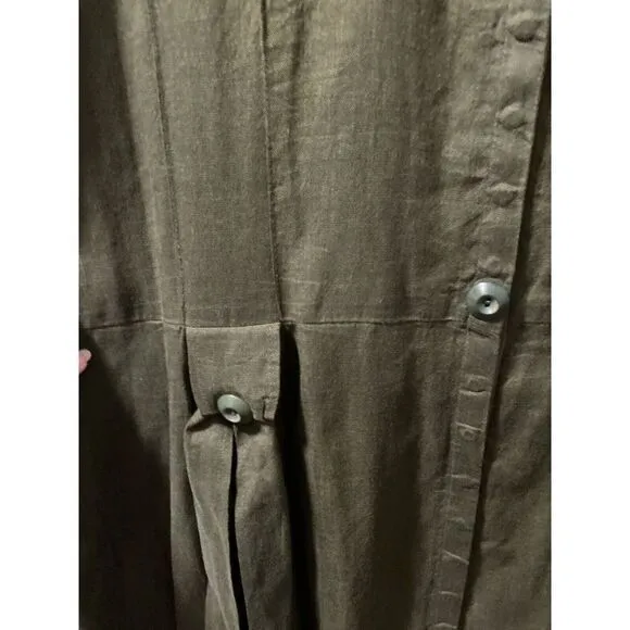 Flax Linen Maxi Dress‎ Olive Green Size Large Lagenlook Minimalist Snap Front