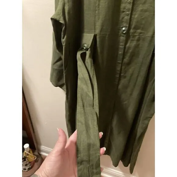 Flax Linen Maxi Dress‎ Olive Green Size Large Lagenlook Minimalist Snap Front