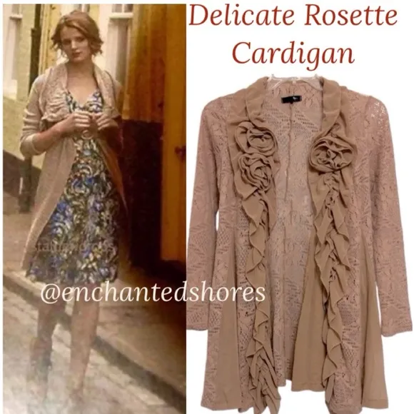Floral Cardigan Lace Duster Sweater Open Knit Golden Rose Beige Tan Size Small