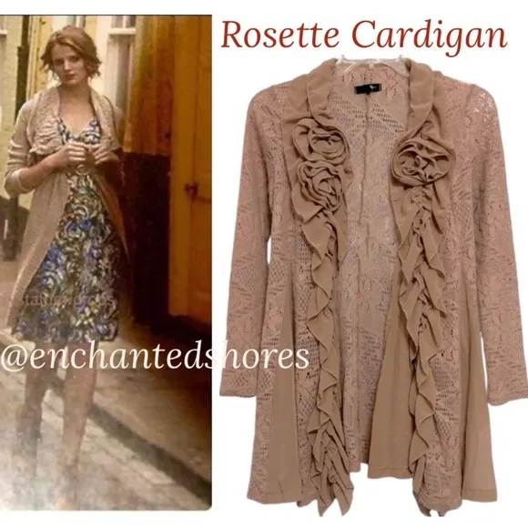 Floral Cardigan Lace Duster Sweater Open Knit Golden Rose Beige Tan Size Small
