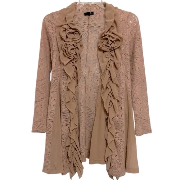 Floral Cardigan Lace Duster Sweater Open Knit Golden Rose Beige Tan Size Small
