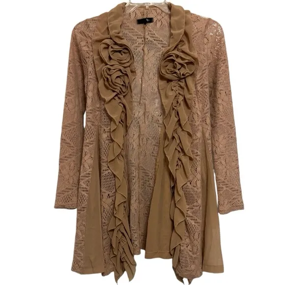 Floral Cardigan Lace Duster Sweater Open Knit Golden Rose Beige Tan Size Small
