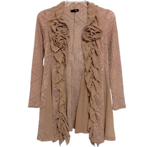 Floral Cardigan Lace Duster Sweater Open Knit Golden Rose Beige Tan Size Small