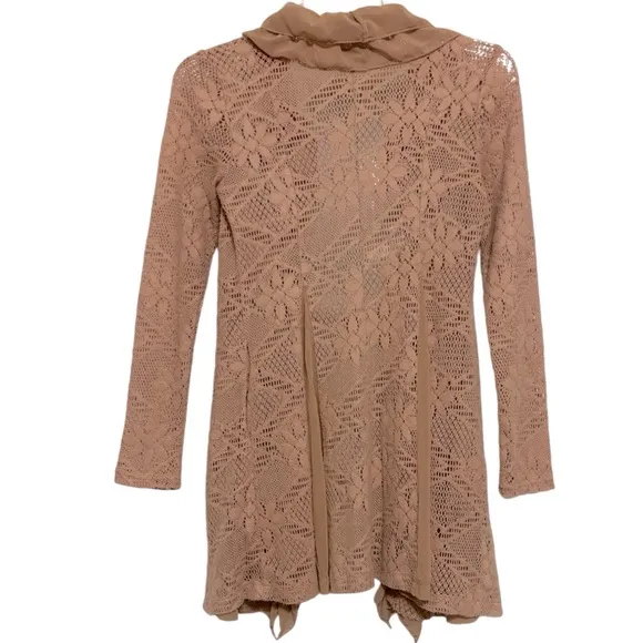 Floral Cardigan Lace Duster Sweater Open Knit Golden Rose Beige Tan Size Small