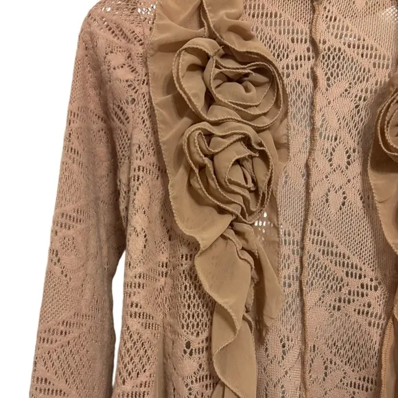 Floral Cardigan Lace Duster Sweater Open Knit Golden Rose Beige Tan Size Small