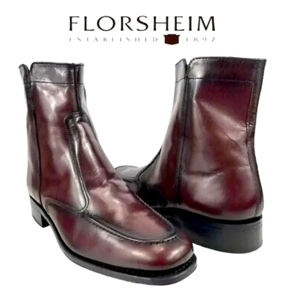 FLORSHEIM Essex Moc Toe Kidskin Leather Zipper Dressy Boots Cherry Mens Size 11