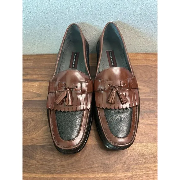 Florsheim Mens Shoes Sz 11.5 D Brown Black 2-Tone Leather Slip On Tassels Loafer