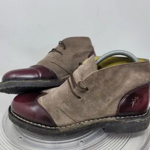 Fly London Caxi Desert Boots Womens sz 7.5, EU38 Burgundy Gray Capi Brogue Shoes