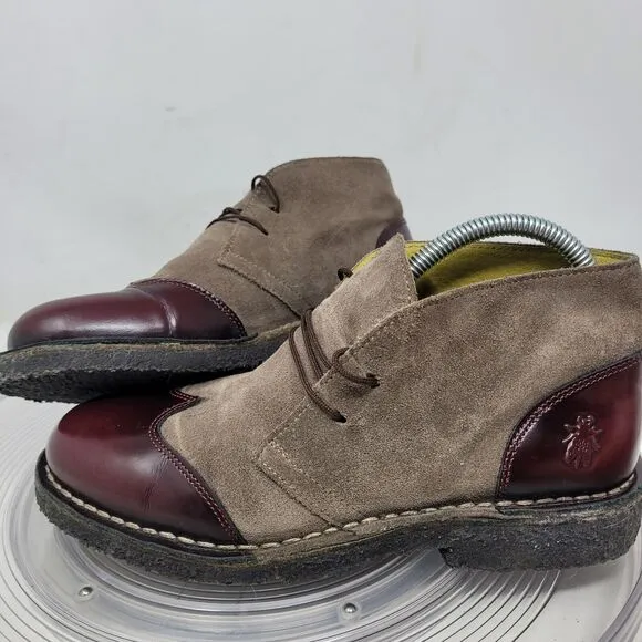 Fly London Caxi Desert Boots Womens sz 7.5, EU38 Burgundy Gray Capi Brogue Shoes