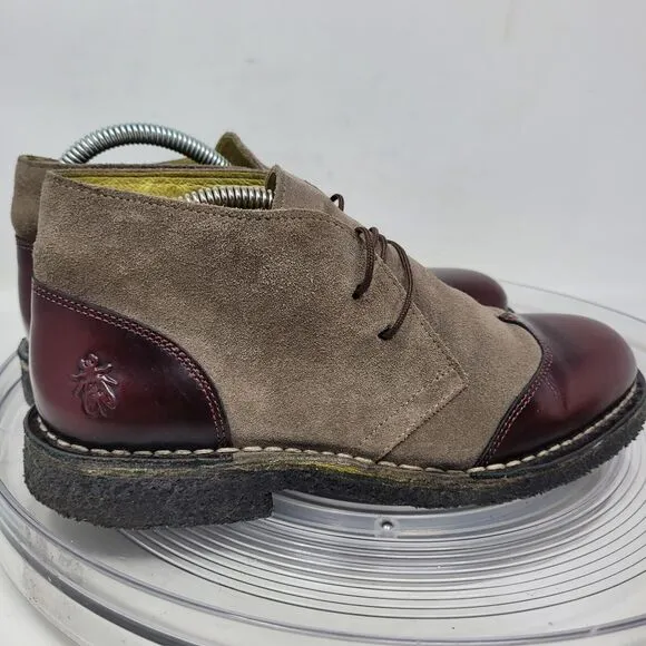 Fly London Caxi Desert Boots Womens sz 7.5, EU38 Burgundy Gray Capi Brogue Shoes