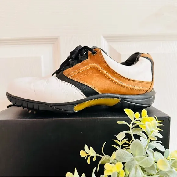 FOOTJOY ~ Contour Series men’s white and tan leather golf shoes size 10.5