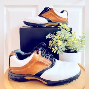 FOOTJOY ~ Contour Series men’s white and tan leather golf shoes size 10.5