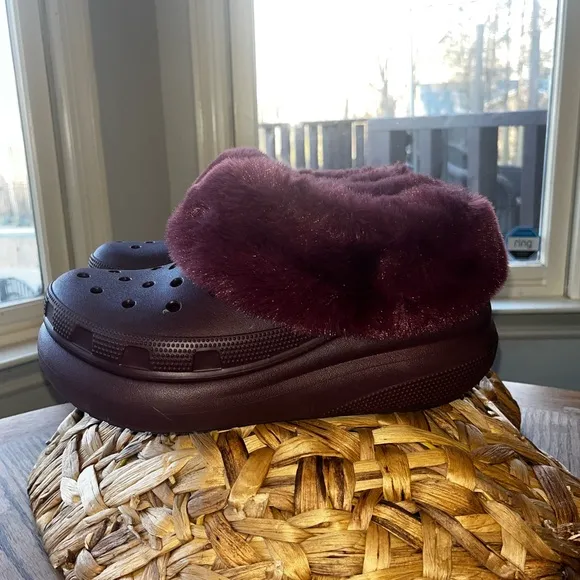 Forever Crush Crocs unisex Dark Cherry fuzzy shoes