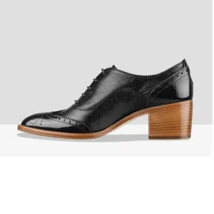 FOWT Black Perforated Lace-Up Oxfords Almond Toe Mid Chunky Heel Shoes