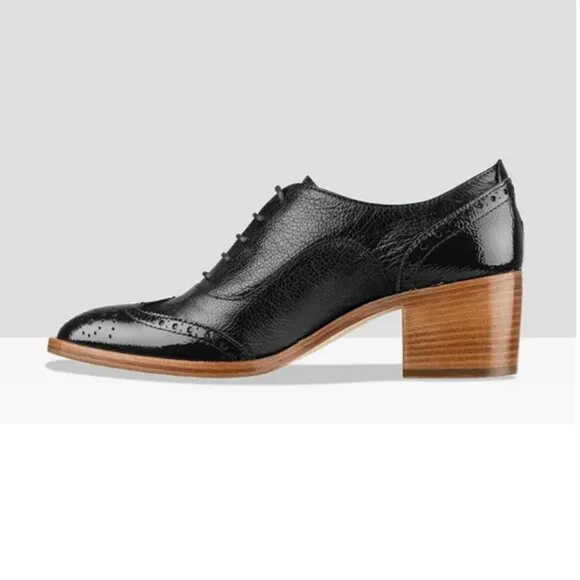 FOWT Black Perforated Lace-Up Oxfords Almond Toe Mid Chunky Heel Shoes