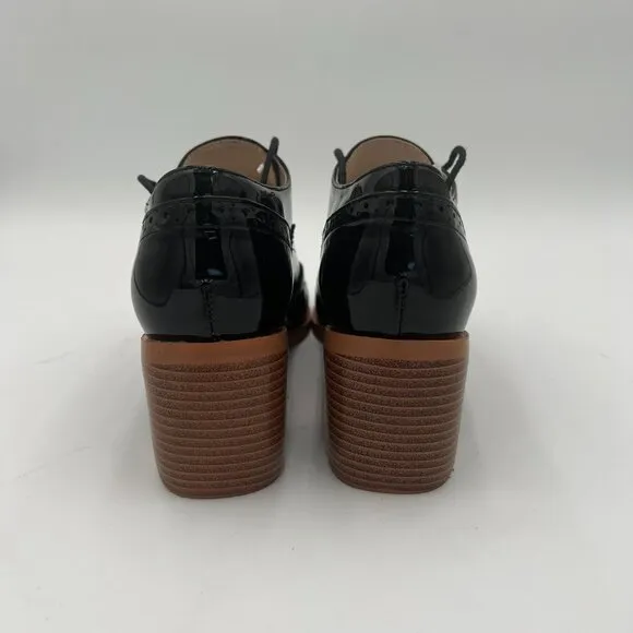 FOWT Black Perforated Lace-Up Oxfords Almond Toe Mid Chunky Heel Shoes