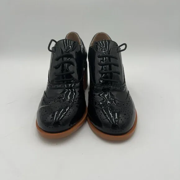 FOWT Black Perforated Lace-Up Oxfords Almond Toe Mid Chunky Heel Shoes
