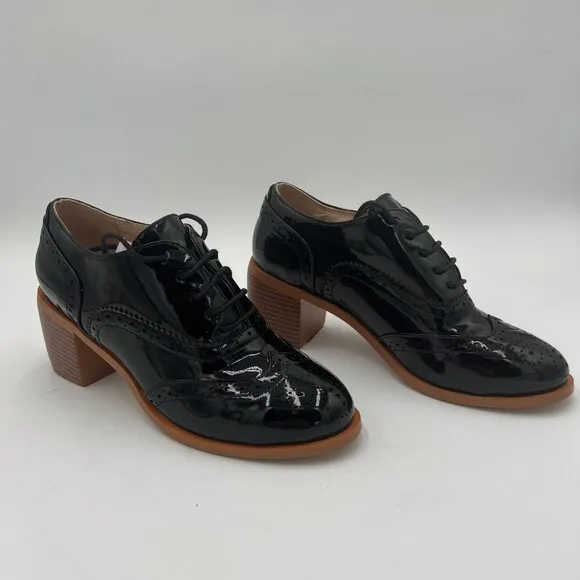 FOWT Black Perforated Lace-Up Oxfords Almond Toe Mid Chunky Heel Shoes