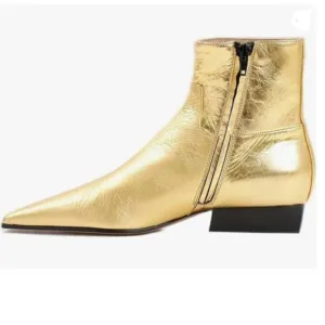 FOWT Gold Square Toe Side Zipper Ankle Boot Block Low Heel Short Boot Dress Shoe
