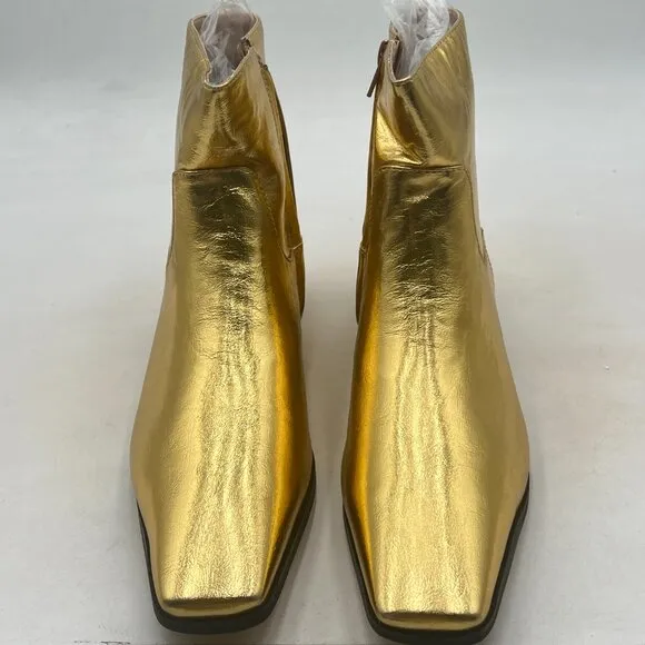 FOWT Gold Square Toe Side Zipper Ankle Boot Block Low Heel Short Boot Dress Shoe