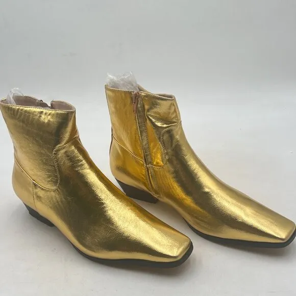 FOWT Gold Square Toe Side Zipper Ankle Boot Block Low Heel Short Boot Dress Shoe