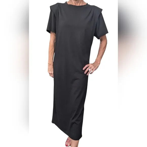 FRAME 100% COTTON Short Sleeve Structured Shoulder Black Minimalist Midi Dress M