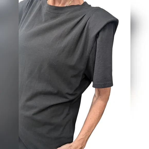 FRAME 100% COTTON Short Sleeve Structured Shoulder Black Minimalist Midi Dress M