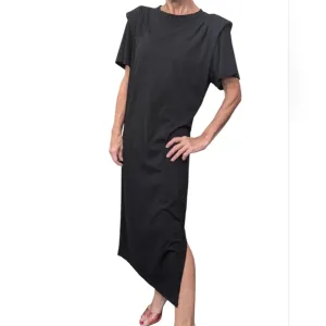 FRAME 100% COTTON Short Sleeve Structured Shoulder Black Minimalist Midi Dress M