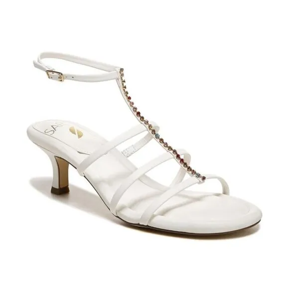 Franco Sarto Womens White Leather Rhinestones Ankle Kitten Heel Sandals Sz 8 NIB