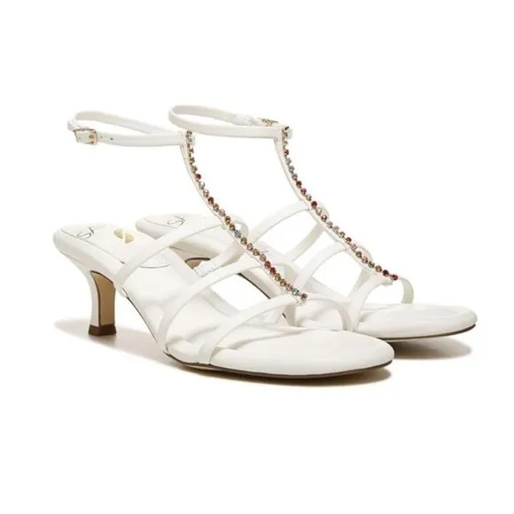 Franco Sarto Womens White Leather Rhinestones Ankle Kitten Heel Sandals Sz 8 NIB